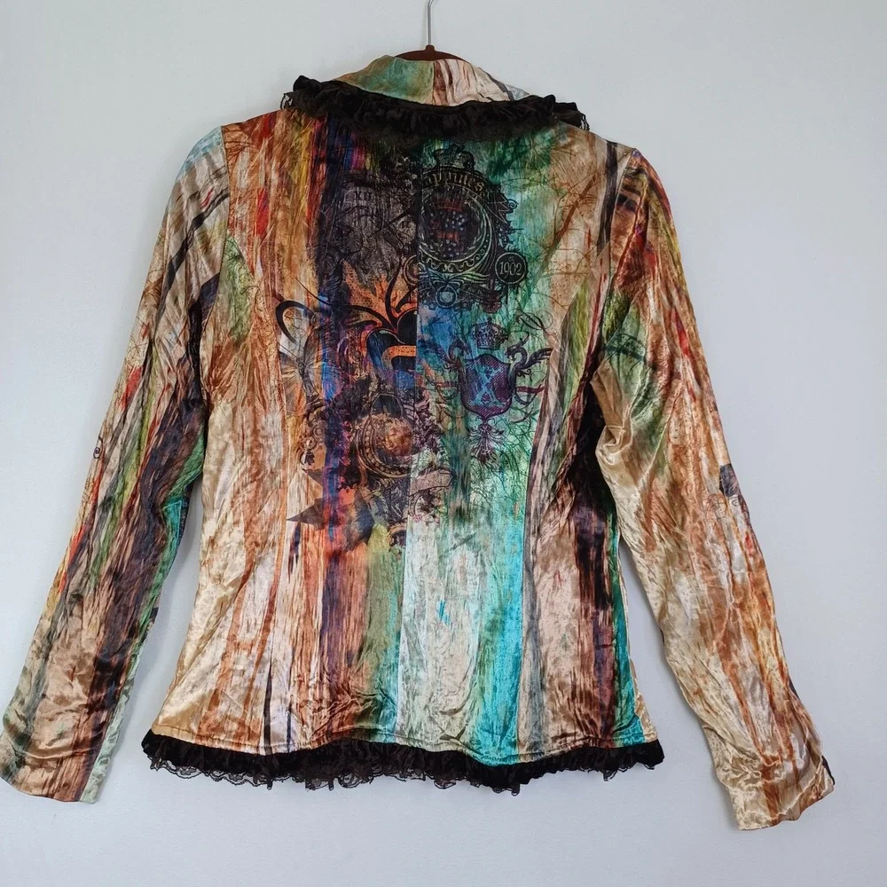Albert Makali Womens Artistic Abstract Print Ruffle Lace Trim Blazer Jacket M